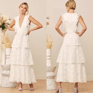 LULUS White Lace Ruffled Sleeveless Maxi Dress